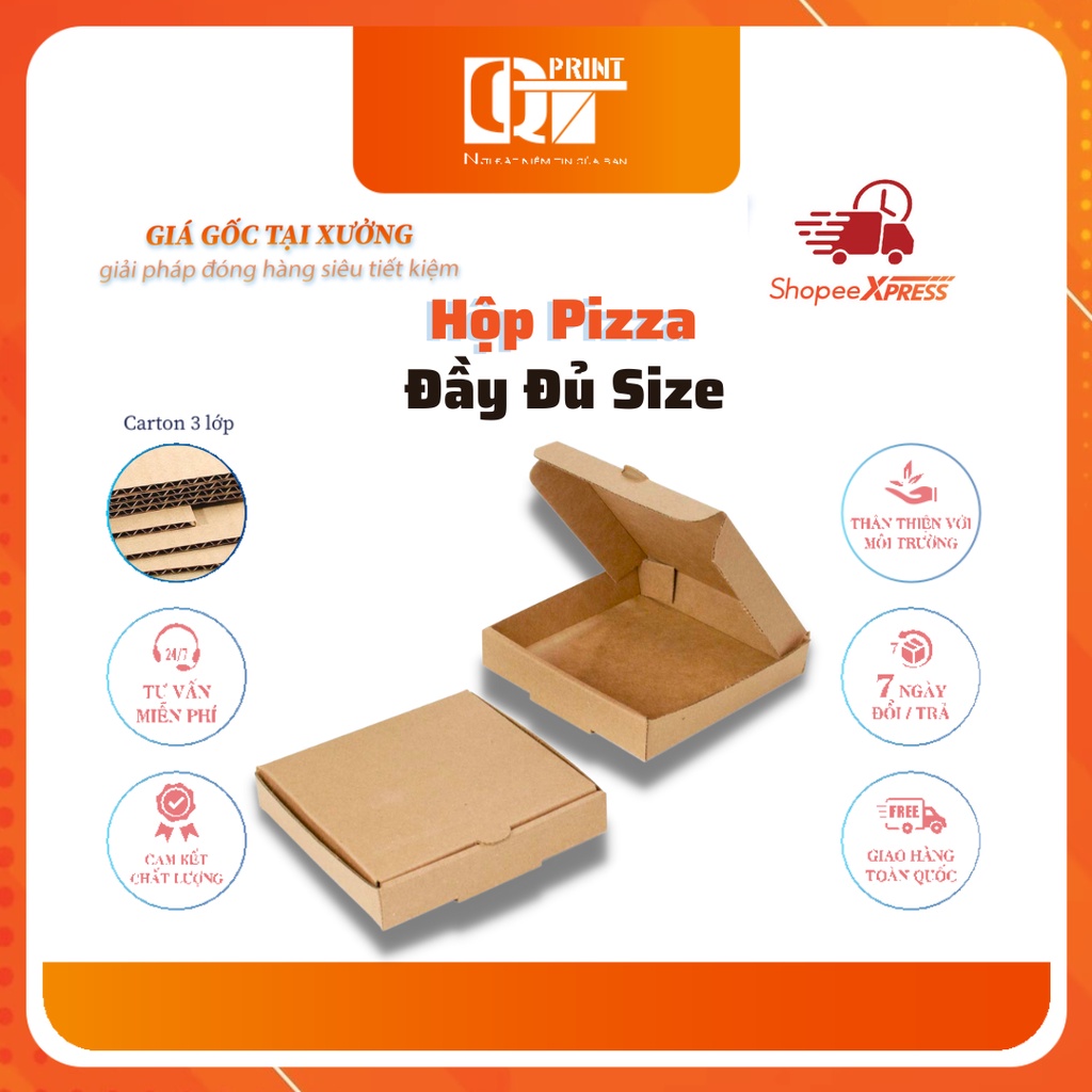 Hộp Pizza Trơn 2 Mặt Nâu Đầy Đủ Size, Giá Tận Xưởng, Nhận In Theo Yêu Cầu.
