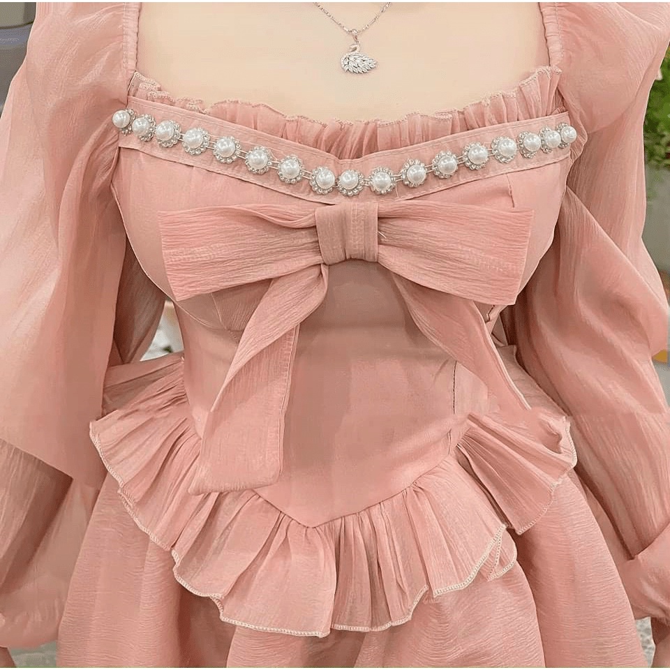 Đầm Nữ Dáng Xòe Voan Tơ Phối Nơ Đính Ngọc Mặc Đẹp Dáng Xinh NEW UNISEX