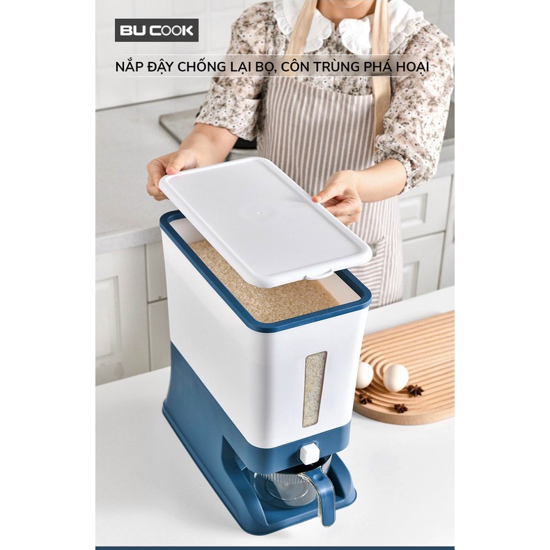 Thùng Đựng Gạo Thông Minh 12Kg BUCOOK -  Thùng Đựng Gạo Nắp Bật Chống Ẩm Mốc, Côn Trùng