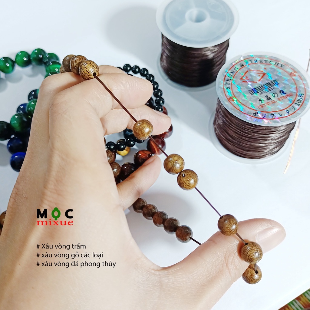 Dây xâu vòng chun co giãn màu nâu 1 cuộn kèm kim gập xâu vòng trầm vòng hạt đá vòng handmade Mộc mixue