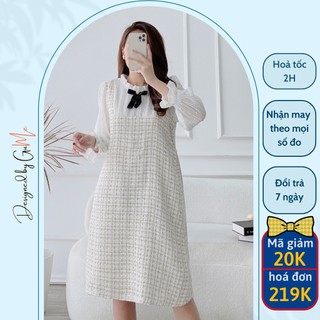 Váy bầu bigsize 40-100kg váy bầu thu đông - đầm bầu gume dạ tweed trắng cao cấp, tay voan hạt, cổ nơ xinh xắn- mb266
