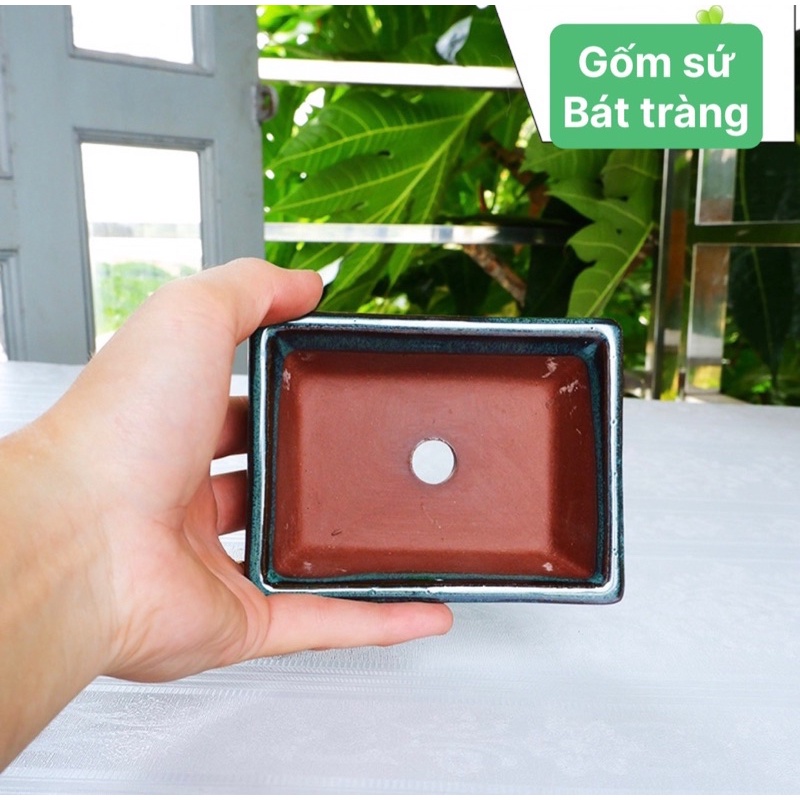 Chậu chữ Nhật men xanh gốm bát tràng sen đá