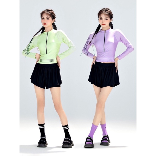 Đồ bơi nữ tay dài, áo tắm 2 mảnh kín đáo, chống nắng màu xanh