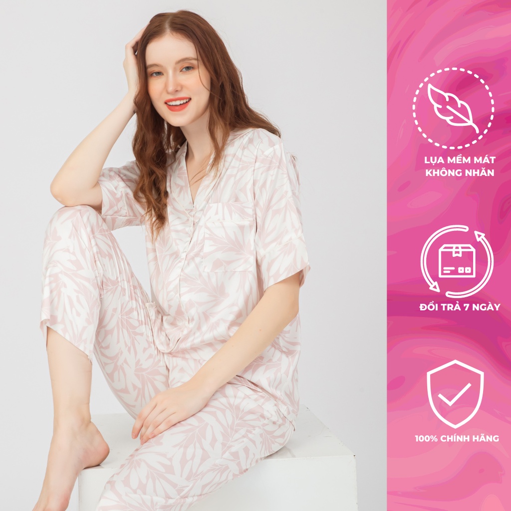 Bộ Đồ Ngủ Nữ Pijama Lụa Mặc Nhà Tay Ngắn Quần Dài Lá Hồng Size Từ 42kg-62kg