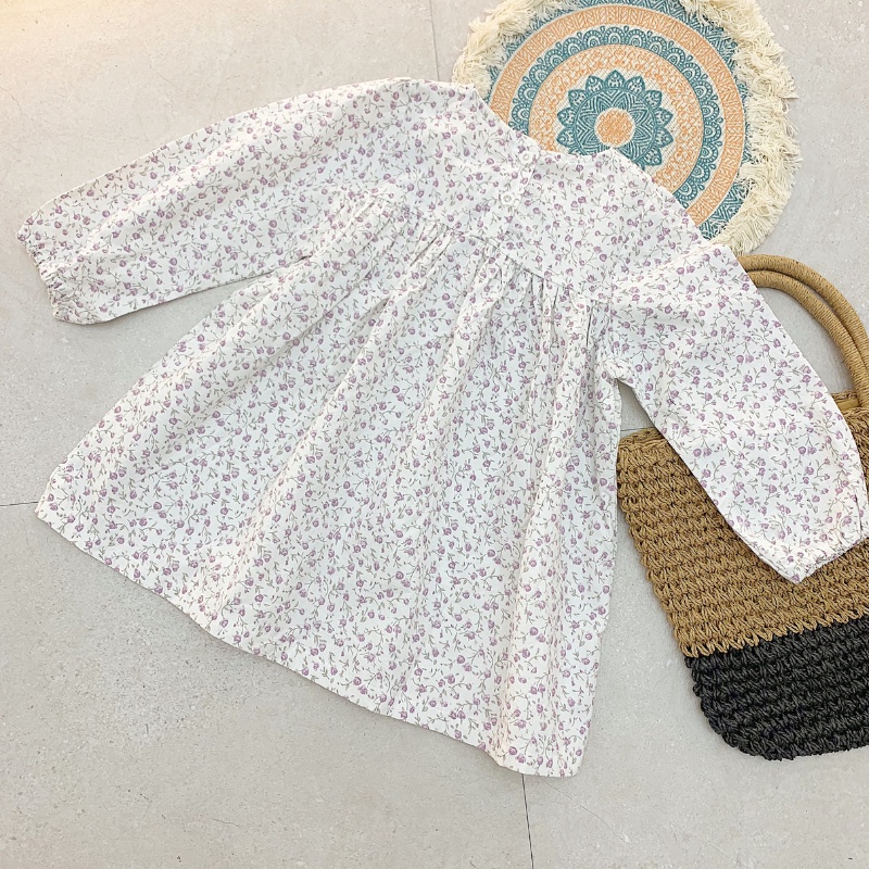 Váy Đầm Cổ Sen Cho Bé Gái Phong Cách Vintage Hoa Nhí Cotton Mềm Mại - Mã 712