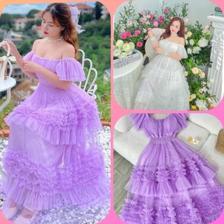 Đầm maxi đi biển dự tiệc cao cấp, váy maxi bồng bềnh tầng cánh tiên