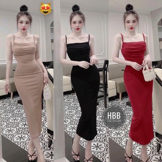 Đầm body thun xốp 2 dây nhúm cổ đổ dáng midi dài xinh