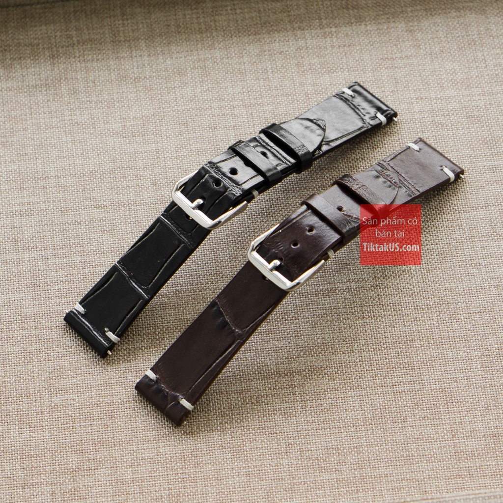 Dây đồng hồ da bò dập vân cá sấu không may chỉ viền đủ size 18mm - 19mm - 20mm - 21mm - 22mm