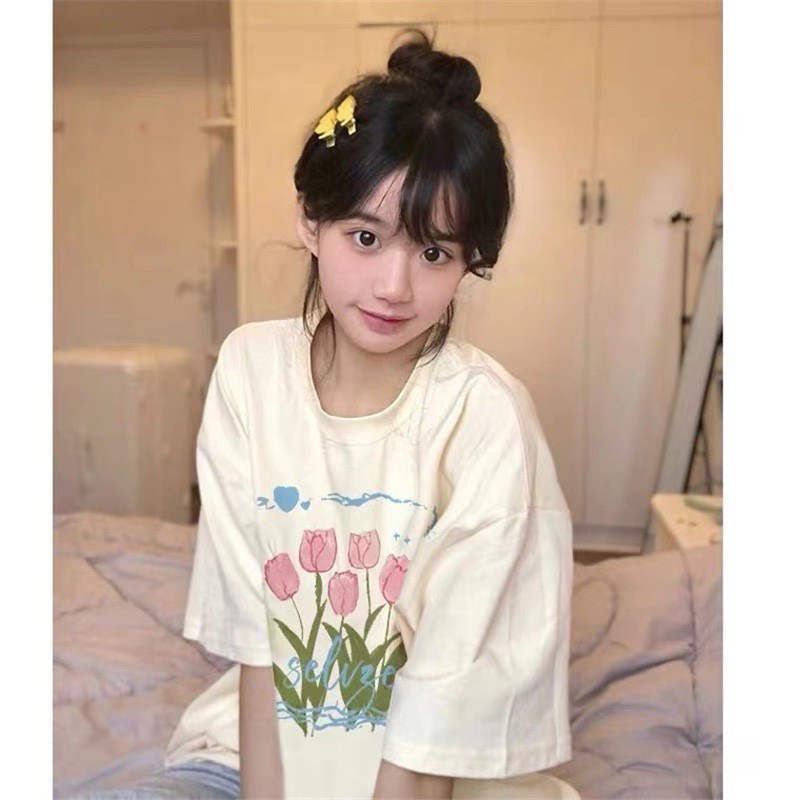 Áo thun nữ cộc tay in hoa tulip khung xanh chất Cotton Hàn Form rộng