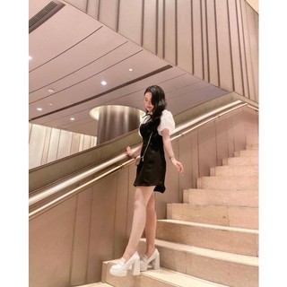 [ HÀNG CÓ SẴN ] ĐẦM ĐEN PHỐI CỔ TAY TRẮNG NƠ ĐEN