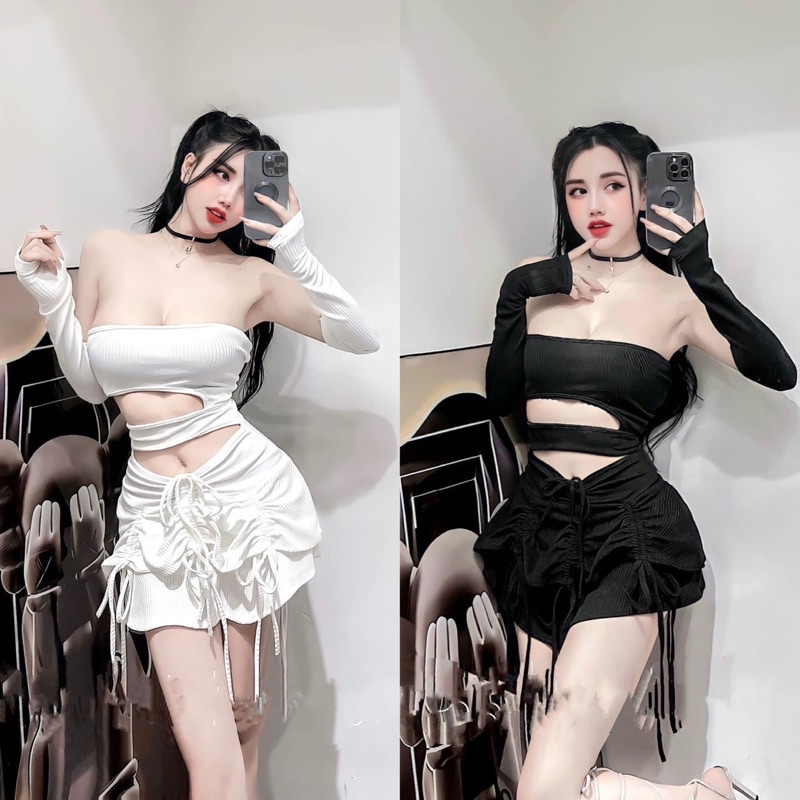 Set Đầm Khoét Body Rút Cúp Ống Kèm Tay Dài