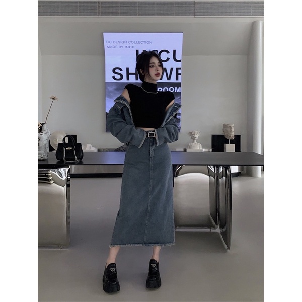 Set áo khoác bò kèm chân váy dài sang chảnh