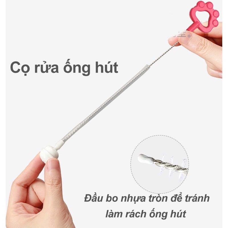 Cọ rửa ống hút bình sữa, dây hơi, núm ti mini có cán cầm hình bò