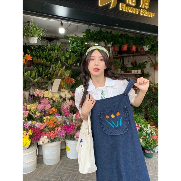 Od Yếm váy 2 dây chất denim dáng dài và ngắn hoạ tiết túi hoa tuylip mẫu mới