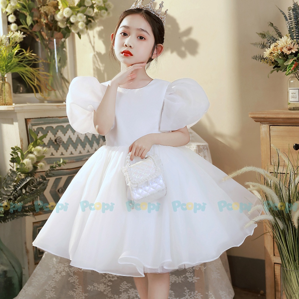 Váy Công Chúa Bé Gái Poopi Màu Trắng Dịu Đính Nơ Lưng, Đầm Dự Tiệc Cho Bé Gái