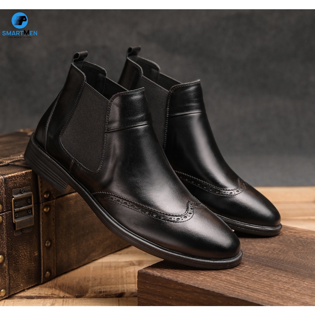 Giày Boot lửng cổ Tăng chiều cao Da bò SMARTMEN GD337 Đen