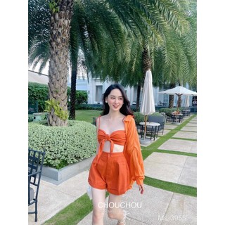 Sét 3 món đi biển khoác sơ mi kèm bra cột nơ short
