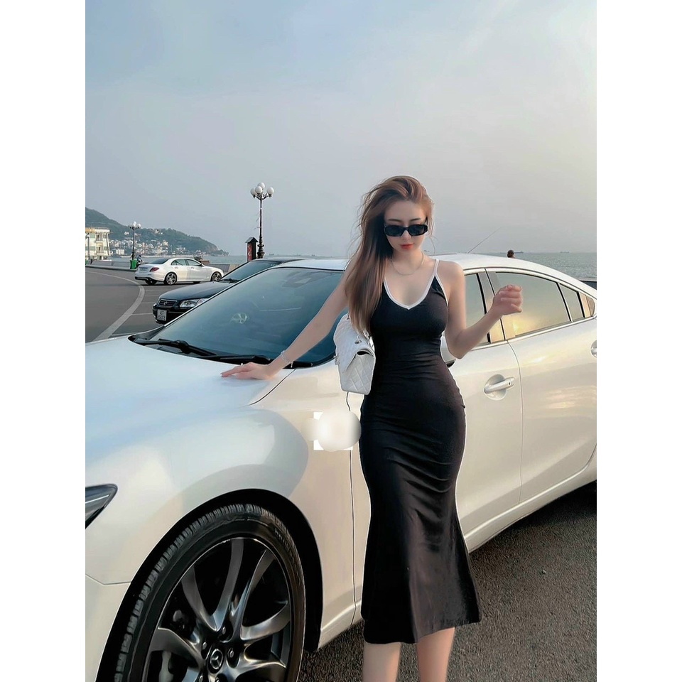 [sales freeship 2023] Đầm body 2 dây sexy, Đầm nữu dáng dài ôm body cổ V phối Viền tạo gợi cảm cho chiếc váy