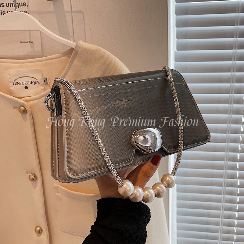 NUCELLE Túi Đeo Vai Bằng Da PU Màu Trơn Đính Ngọc Trai Thời Trang Cao Cấp Kiểu Hong Kong