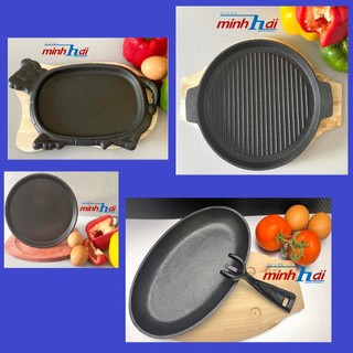 Chảo NƯỚNG BBQ chống dính. Dĩa GANG kèm ĐẾ GỖ, Chảo Gang dùng được Bếp từ, Dĩa OVAL, Chảo Đầu Bò, chảo tròn sọc trơn