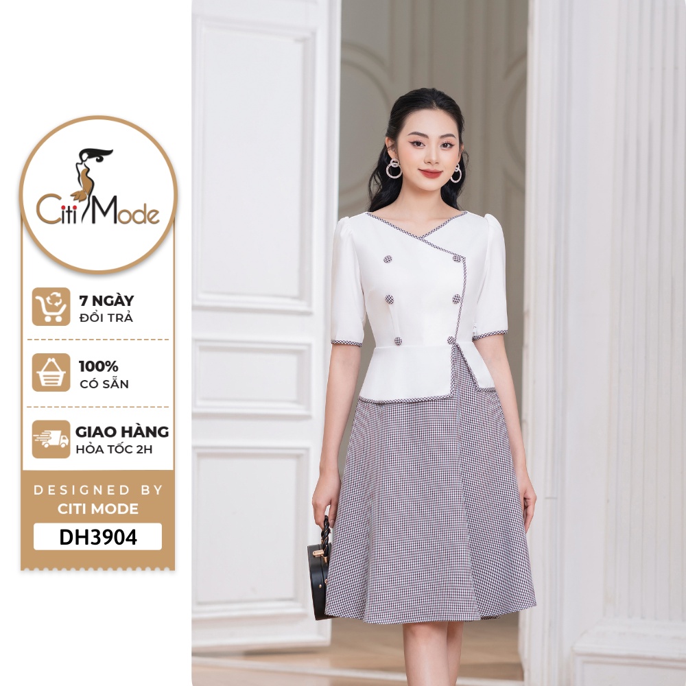 Đâm công sở CITI MODE FASHION thiết kế dáng xoè peplum cúc bọc phối chân váy kẻ DH3904