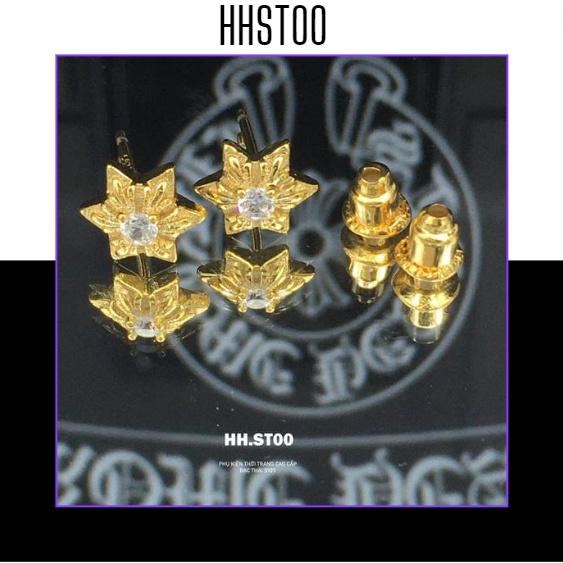 CHROME HEARTS , KHUYÊN TAI CHROME HEARTS BẠC MẠ VÀNG 18K, HỌA TIẾT NGÔI SAO 6 CÁNH ĐÍNH ĐÁ, MẠ VÀNG, TRANG SỨC CAO CẤP