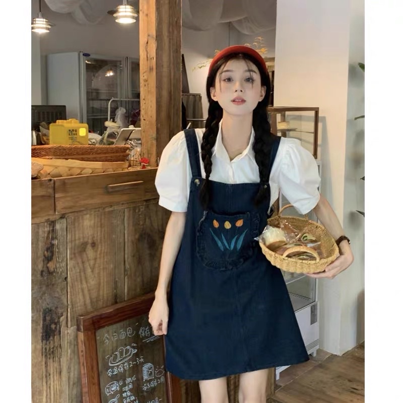 Od Yếm váy 2 dây chất denim dáng dài và ngắn hoạ tiết túi hoa tuylip mẫu mới