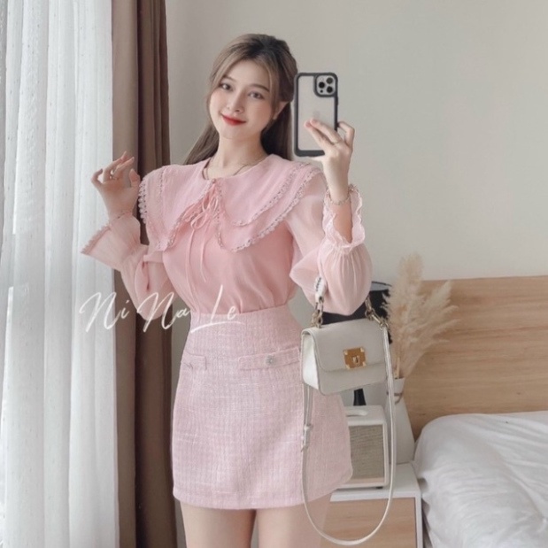 Áo sơ mi tiểu thư trắng - hồng - mới phần cổ áo 2 tầng phối ren siêu nội y xanh - chất mát - mặc dạo phố, đi biển