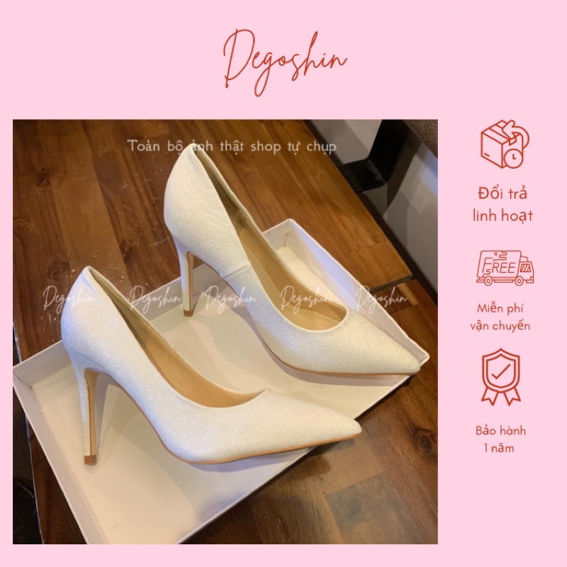 Giày cao gót nữ basic 9cm màu trắng vân xước kim tuyến sang trọng Degoshin.