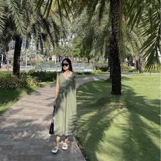 Đầm Maxi dáng suông nữ vải Linen cổ tim trước sau basic [XÍN - Fashion Design]