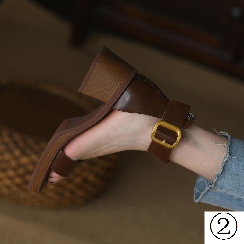 Phong Cách Cổ Điển Thoải Mái! Phong Cách RetroGiày Sandal Cao Gót Hở Ngón Đế Dày Bằng Da Phong Cách Âu Mỹ Thời Trang Mùa Hè Cho Nữ