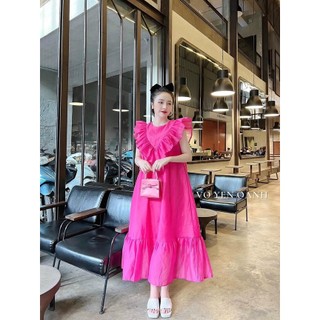 Đầm maxi đi biển, Váy maxi dáng suông chất đũi tơ mát màu hồng đi biển cực xinh sẵn hàng