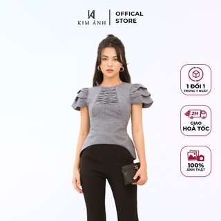 Áo Kiểu Thiết Kế Nữ Kim Ánh, Phối Tay Xếp 3 lớp, Đuôi Áo Xòe Bo Eo 4 Màu Mã AKSX32012 : Elnis top