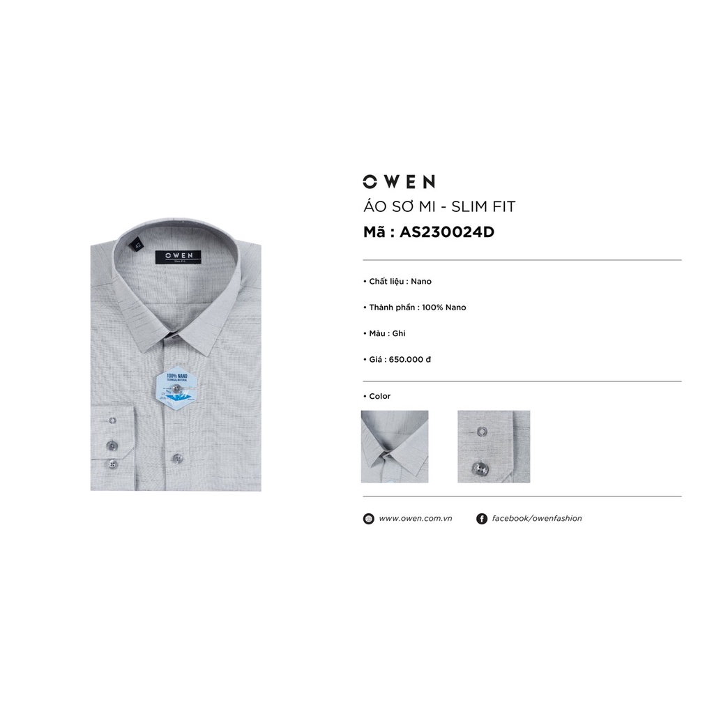 Áo sơ mi owen dài tay màu ghi sáng slim fit vải nano AS230024D