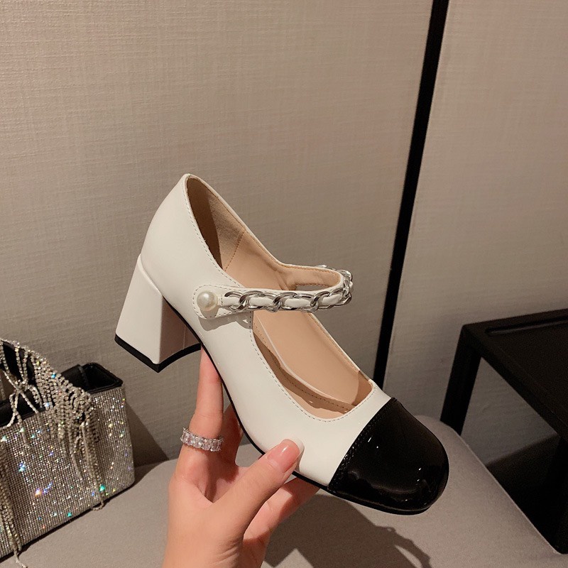 Giày cao gót da bóng quai ngang xích ngọc 7cm thời trang cực xinh