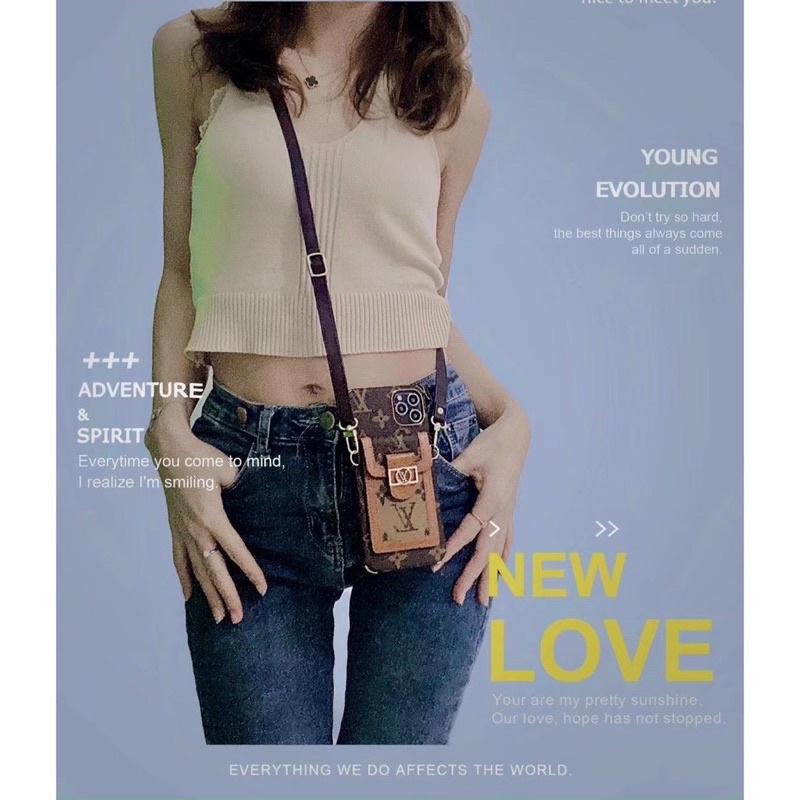 Ốp lưng L.V dạng ví túi kèm dây đeo cho iPhone 14 Pro max, 14 Plus, 13, 12, 11 Pro max siêu đẹp và sang trọng