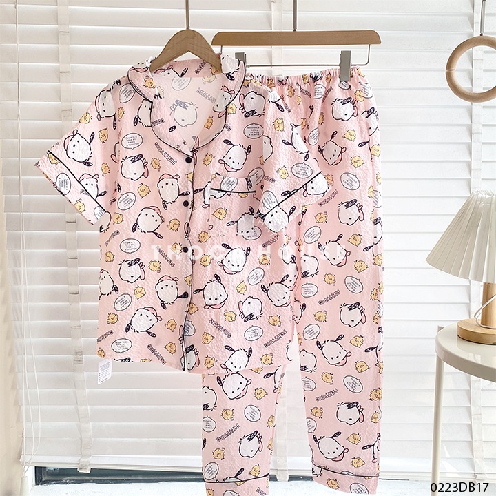 Đồ bộ mặc nhà pyjama vải xốp tay ngắn quần dài túi viền THOCA HOUSE hoạt hình dễ thương, thoải mái