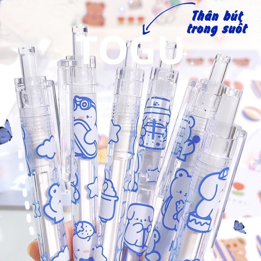 Bút bi bấm hình gấu cute TOGU bút viết trong suốt in hình sticker mực mau khô ngòi 0.5mm ruột bút dễ thay