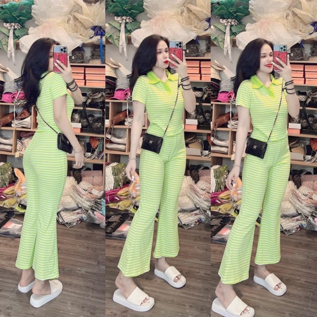 Set bộ thun gân sọc quần dài, set áo cổ bẻ tay ngắn kẻ sọc phối quần dài ống loe đơn giản, set dạo phố năng động