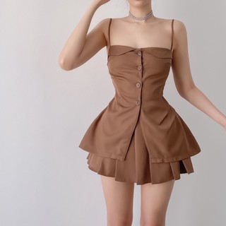 Set áo váy peplum xếp ly nâu đen