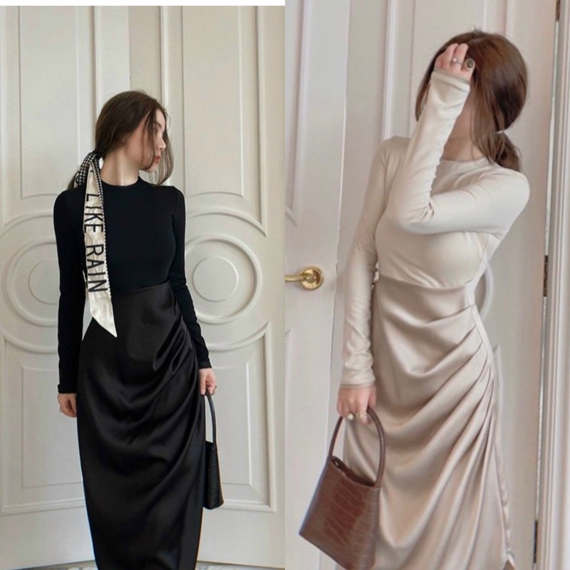 SET ÁO ĐEN CỔ TRÒN TD CHÂN VÁY MIDI NHÚN XÉO