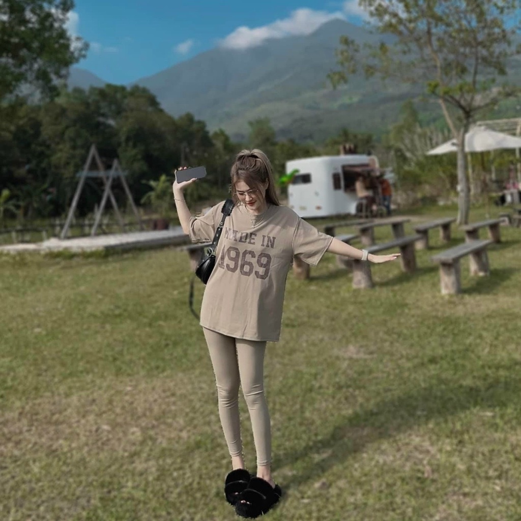 Sét bộ nữ thời trang mặc đi chơi chất thun cotton áo form rộng cổ tròn tay lỡ in hình mix quần dài ôm sát trẻ trung