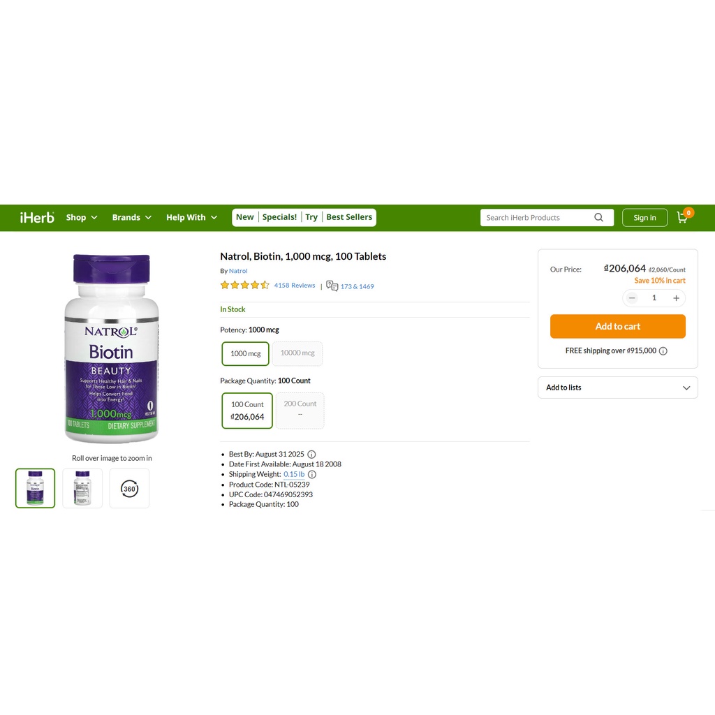 Viên uống Mọc tóc Natrol Biotin 10.000 mcg 100 viên - Mỹ