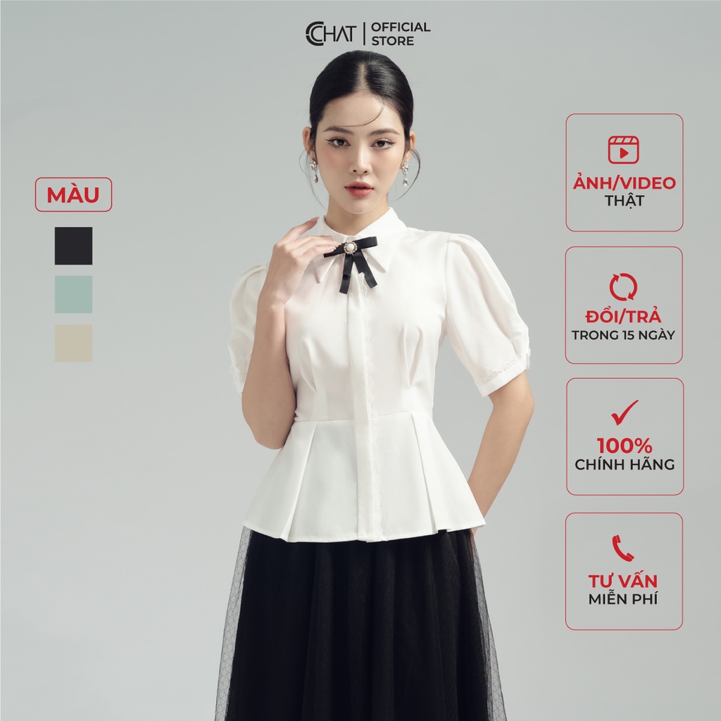 Áo Sơ Mi Nữ 𝐂𝐂𝐇𝐀𝐓 Kiểu Phối Ren Dây Nơ Chất Thô Cao Cấp Mềm Nhẹ 53FNT2002PT