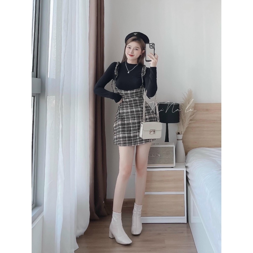 Sét yếm caro hay dây mix áo thun tay dài xinh xắn thời trang cho nàng tự tin dạo phố
