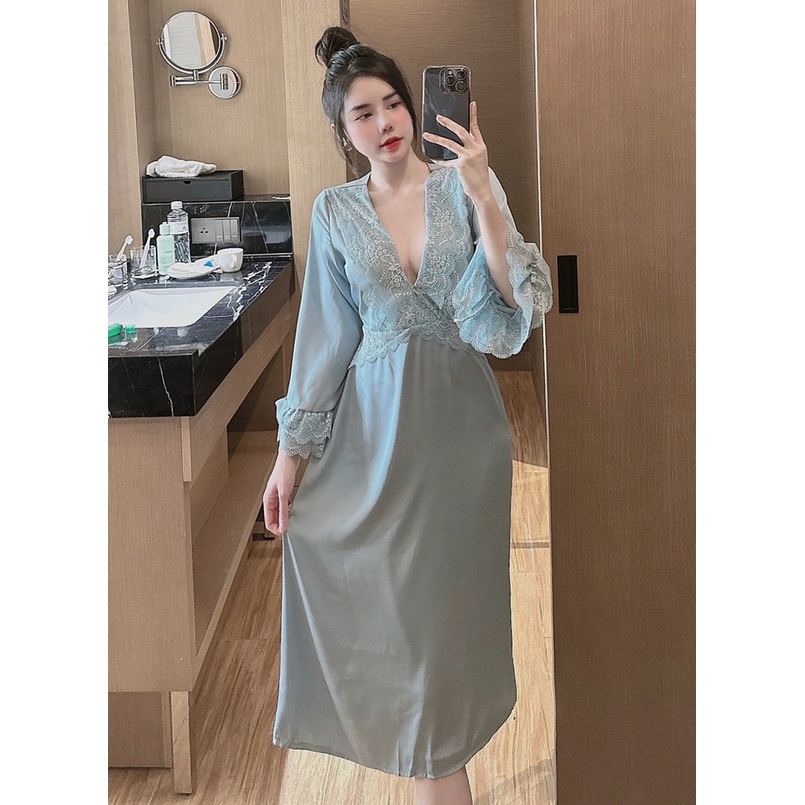 Váy ngủ tiểu thư tay Loe Phối Ren Sexy Lụa Latin  Cưng muốn xỉu luôn Freesize