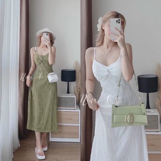 Váy 2 dây xanh bơ cổ yếm chéo sexy 2 lớp may kỹ