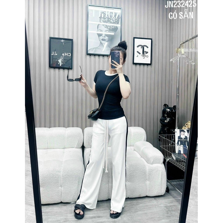 [3.3 Sales Freeship] Set bộ thun tăm quần dài, set áo thun ôm body phối quần dài ống rộng kẻ sọc 2 màu đen trắng dx