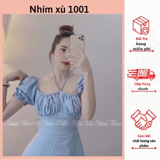 Đầm nhún ngực cổ yếm thiết kế hở lưng chun xẻ tà tôn dáng hàng cao cấp