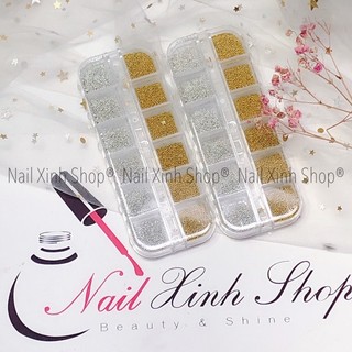 Khay 12 ô bi hạt gắn móng nail,bi hạt nail vàng + trắng - full size, phụ kiện nail chuyên dụng